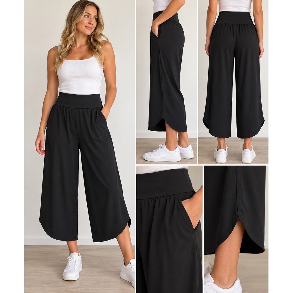 HALARA Breezeful Capri Trousers XL Black Wide Leg High Rise Curved Hem Pants